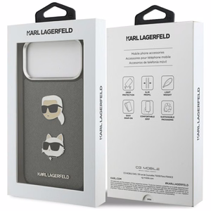 Karl Lagerfeld FW Grūdėtas Karl & Choupette Heads Pins & Logo dėklas telefonui iPhone 17 Pro Max - pilkas