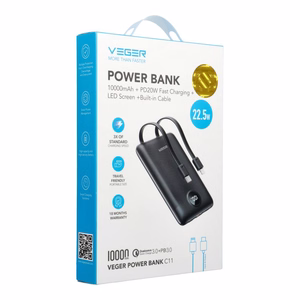 VEGER išorinė baterija 10000 mAh su įmontuotais kabeliais Type C / Lightning PD QC3.0 2A 22,5W C11 (W1170) juoda