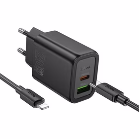 Įkroviklis telefonui Hoco USB A + USB C QC3.0 PD 3A 20W + kabelis USB C į USB C N61 juodas