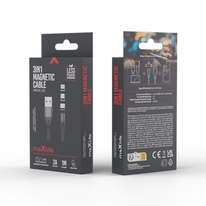Maxlife MXUC-02 magnetinis kabelis USB - Lightning + USB-C + microUSB 1,0 m 2A juodas nailonas