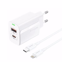 FONENG tinklo įkroviklis EU66 PD 20W 1xUSB-C + 1xUSB QC3.0 + laidas USB-C - Lightning baltas