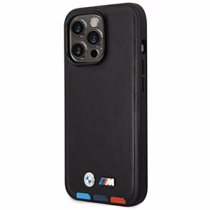 Dėklas BMW BMHMP14X22PTDK iPhone 14 Pro Max 6.7 - juodas odinis dėklas su trispalviu spaudu MagSafe