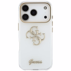 Guess IML 4G Script Metal dėklas, skirtas iPhone 18 Pro / 17 Pro, baltas