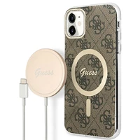 Rinkinys Guess GUBPN61H4EACSW Dėklas+Įkroviklis iPhone 11 6.1" rudas/rudas kietas dėklas 4G Spauda Magnetinis