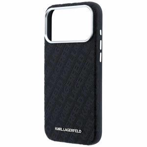 Karl Lagerfeld Grained Allover Logo Metal Elongated MagSafe dėklas, skirtas iPhone 18 Pro / 17 Pro, juodas