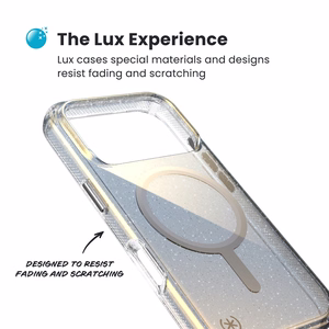 Speck Presidio Lux MagSafe dėklas, skirtas iPhone 17 Pro, „Hyper Mirror Glitter / Silver Metallic“ spalvos