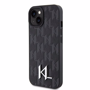 Karl Lagerfeld KLHCP15SPKLPKLK iPhone 15 / 14 / 13 6.1" juodas/juodas kietas dėklas Odinė monograma karštas štampas metalinė logotipas
