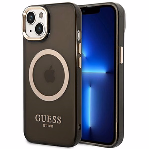Guess GUHMP14MHTCMK iPhone 14 Plus 6.7" juodas/juodas kietas dėklas Auksinis kontūras Pusiau permatomas Magnetinis