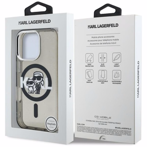 Karl Lagerfeld IML Glitter Karl & Choupette Sketch Logo MagSafe dėklas iPhone 16 Pro - juodas