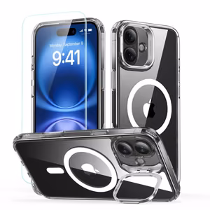 ESR Classic Hybrid Kickstand Halolock MagSafe Dėklų rinkinys + Apsauginis stiklas skirtas iPhone 16 Plus – skaidrus