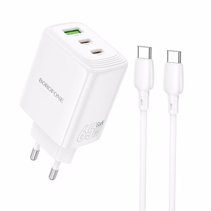 Borofone sieninis įkroviklis BN32 Cargador GaN - USB + 2xType C - QC 3.0 PD 65W su Type C į Type C baltas