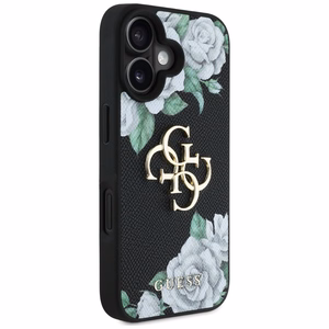 Guess Grained Roses Big 4G logo dėklas telefonui iPhone 16 - juodas