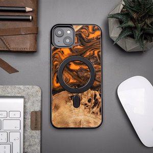 Medinis ir dervos dėklas telefonui iPhone 15 Plus Magnetinis Bewood Unique Orange - oranžinė ir juodas