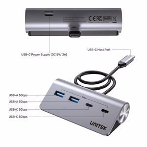 UNITEK aliuminio USB-C šakotuvas 2x USB-A 2x USB-C 5Gbps