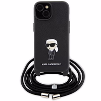 Karl Lagerfeld kryžminis Saffiano monograma metalinis ženkliukas Karl & Choupette dėklas telefonui iPhone 15 - juodas