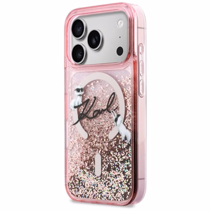 Karl Lagerfeld Liquid Glitter Karl Script Logo MagSafe Dėklas for iPhone 17 Pro - rožinis