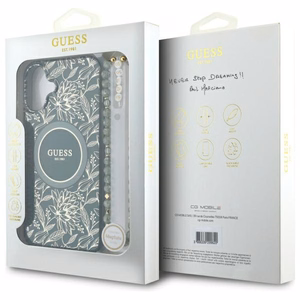 Guess IML Flowers Allover Electro With Pearl Strap MagSafe dėklas telefonui iPhone 16 - žalia