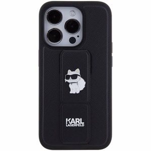 Karl Lagerfeld Gripstand Saffiano Choupette Pins dėklas telefonui iPhone 15 Pro Max - juodas