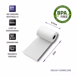 Qoltec 51896 – terminio popieriaus ritinėliai be BPA, 57×20 mm, 55 g/m², 10 vnt.