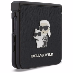 Juodas „Karl Lagerfeld Saffiano Karl & Choupette Pin“ dėklas, skirtas „Samsung Galaxy Z Flip8“