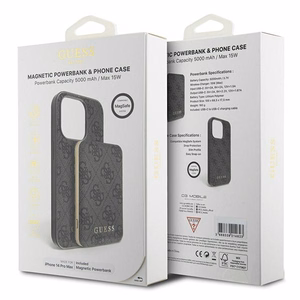 Guess 4G Metal Logo dėklas telefonui rinkinys iPhone 14 Pro Max + 5000mAh Magnetinė išorinė baterija - juoda