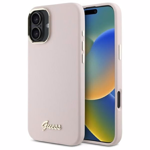 Guess Silikoninis Užrašas Metalinis Logo & Rėmelis iPhone 16 Plus Dėklas - rožinis