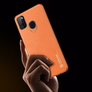Dux Ducis Yolo elegantiškas dėklas iš minkšto TPU ir PU odos skirtas Samsung Galaxy M30s oranžinis