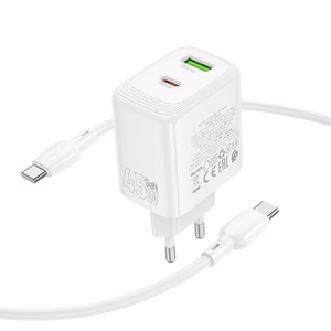 Borofone sieninis įkroviklis BN30 Cargador GaN - USB + Type C - QC 3.0 PD 45W su Type C į Type C kabeliu baltas