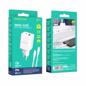 Įkroviklis Borofone BN7 20W USB-C/USB-A + USB-C to USB-C cable 1.0m baltas
