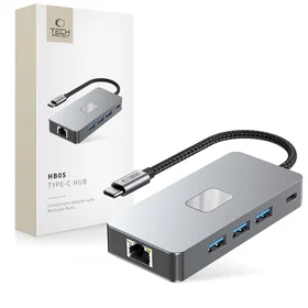 Tech-Protect HB05 HUB 9in1 USB-C + USB2.0 + USB3.0 + HDMI 4K 60Hz + SD / TF + PD100W + RJ45 adapteris - pilkas