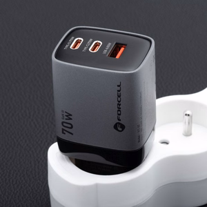 FORCELL F-ENERGY GaN III VT-37 kelioninis įkroviklis su skaitmenine indikacija Type C + USB A PD QC4.0 SAM SFC2.0 3,45A 70W pilkas