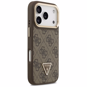 Guess 4G PU trikampio logotipo ir stovo kameros magnetinis dėklas telefonui iPhone 17 Pro - rudas