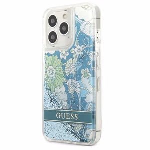 Guess GUHCP13XLFLSN iPhone 13 Pro Max 6.7" žalias/žalias kietasis dėklas su gėlių skysčio blizgučiais