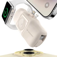 Wozinsky WF16-YLS 5000mAh 15W Lightning mini išorinė baterija su įmontuotu USB-C kabeliu ir Apple Watch įkrovikliu - smėlinė