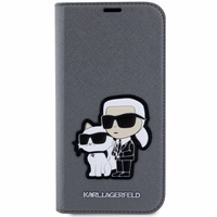 Karl Lagerfeld KLBKP14SSANKCPG iPhone 14 6.1" knygos tipo dėklas sidabrinis Saffiano Karl & Choupette