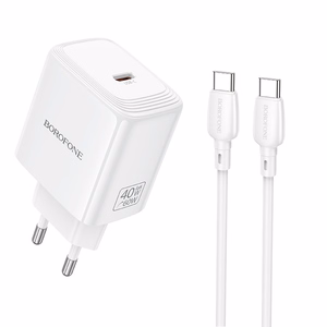 Borofone BN33 Fuente GaN USB-C tinklo įkroviklis QC3.0 PD 40W su USB-C laidu baltas