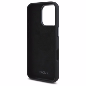 DKNY skystos silikoninės medžiagos dėklas telefonui su metaliniu logotipu iPhone 16 Pro Max - juodas