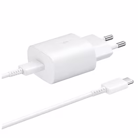Samsung 25W EP-TA800EWE USB-C sieninis įkroviklis su Samsung EP-DA705BWE USB-C / USB-C kabeliu pakaitinėje pakuotėje - baltas
