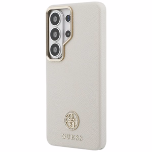 Guess dėklas Rhinestone Round Logo MagSafe skirtas Samsung Galaxy S26 Ultra smėlio spalvos