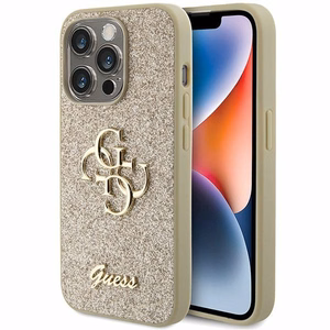Guess Glitter Script Big 4G dėklas telefonui iPhone 15 Pro – auksinis