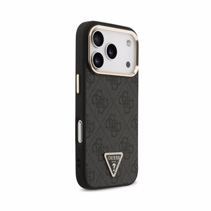 Dėklas Guess PU Leather 4G Strass Triangle Logo Gold Frame MagSafe Apple iPhone 18 Pro juodas