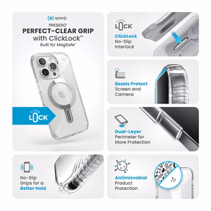 Speck Presidio Perfect-Clear Grip ClickLock & MagSafe dėklas, skirtas iPhone 16 Pro, skaidrus / chromo apdaila / „Serene Silver“