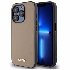 DKNY Grained Metal Logo Magnetinis iPhone 15 Pro dėklas - smėlio spalvos