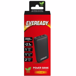 Eveready PX20B išorinė baterija, 20000 mAh, 2 × USB-A, juoda