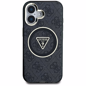 Guess IML Metal Glitter 4G Circle Triangle Magnetinis dėklas telefonui iPhone 16 - juodas