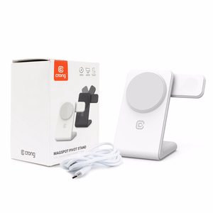 Crong MagSpot Pivot Stand 3 viename belaidis įkroviklis, skirtas iPhone, Apple Watch ir AirPods, suderinamas su MagSafe, baltas