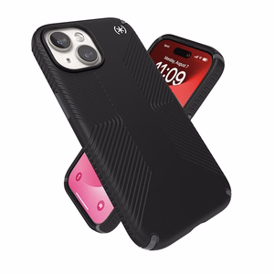 Speck Presidio2 Grip MagSafe dėklas, skirtas iPhone 17e / 16e / 15 / 14 / 13, juodas su skalūno pilkos spalvos detalėmis