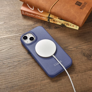 iCarer CE Premium odinis folio dėklas iPhone 14 Plus magnetinis atverčiamas odinis folio dėklas MagSafe šviesiai violetinė