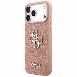 Guess Fiksuotas Blizgus Didelis 4G dėklas telefonui iPhone 17 Pro Max - rožinė
