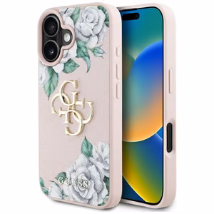 Guess Grained Roses Big 4G logo dėklas telefonui iPhone 16 - rožinis